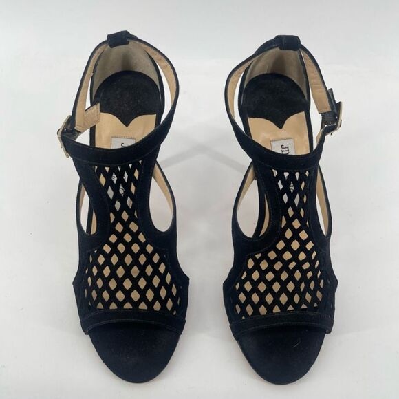 Jimmy Choo Black Suede Perforated Heeled Sandals w/ Ankle Strap EU 37.5, US 7.5 - Picture 2 of 15